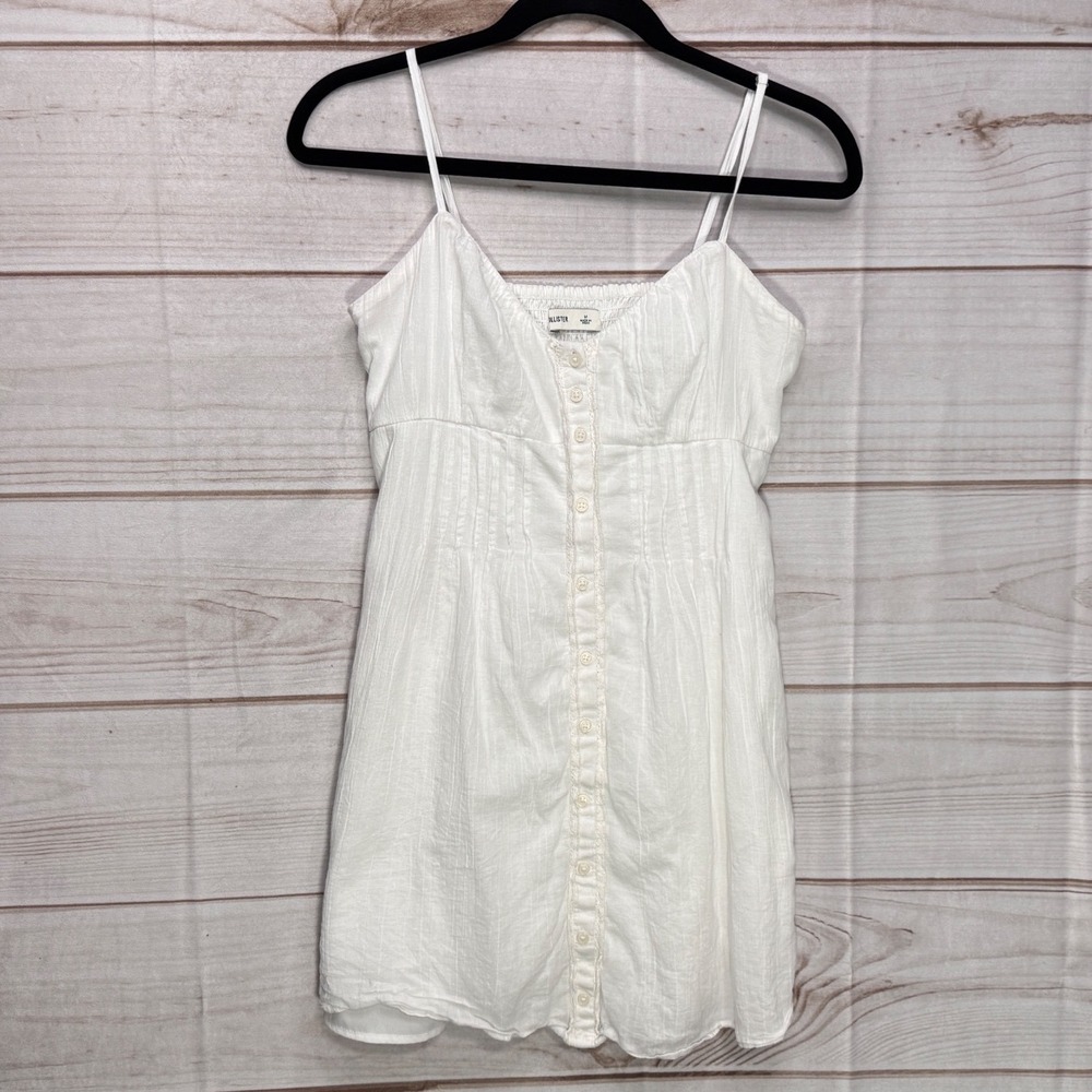 Hollister Mini Dress Womens Medium White Excellent Button Front Smocked Cotton